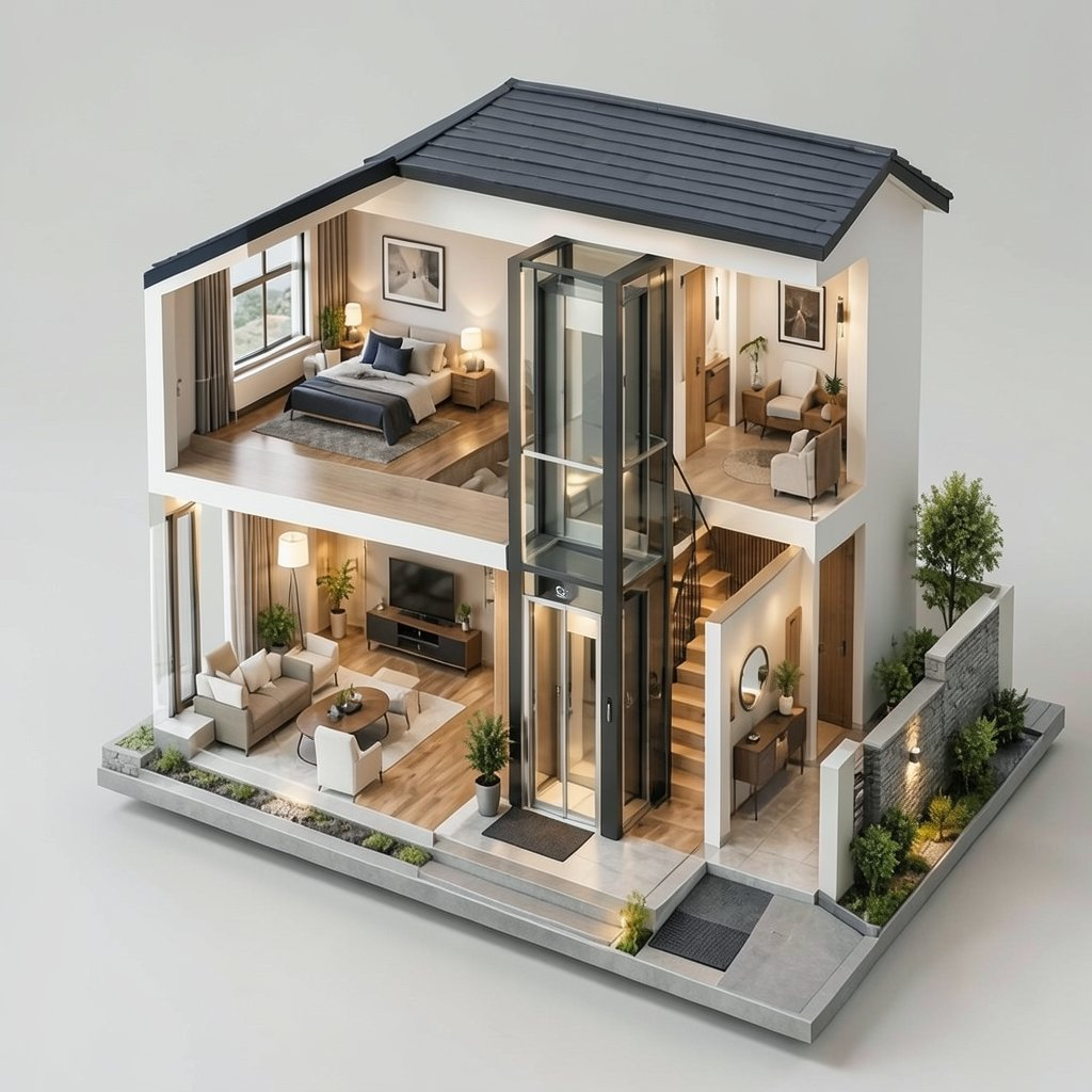 Cutaway model of a three-storey home with a lift travelling between floors